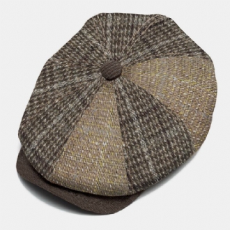 Män Stickad Pinstripe Pläd Twill Tyg Hatt Brätte Vintage Värme Octagonal Hat Flat Cap