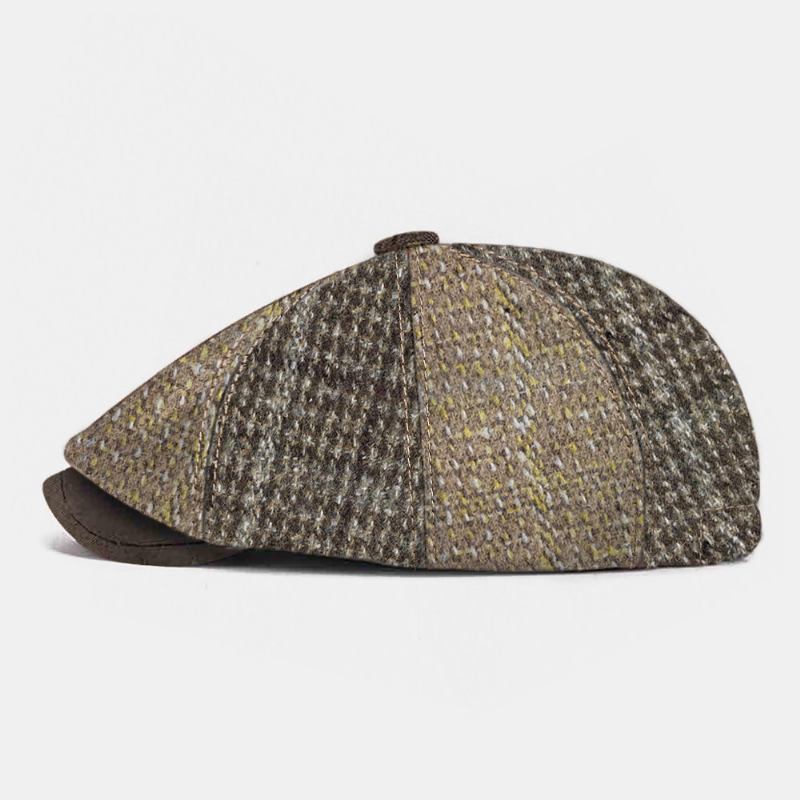 Män Stickad Pinstripe Pläd Twill Tyg Hatt Brätte Vintage Värme Octagonal Hat Flat Cap