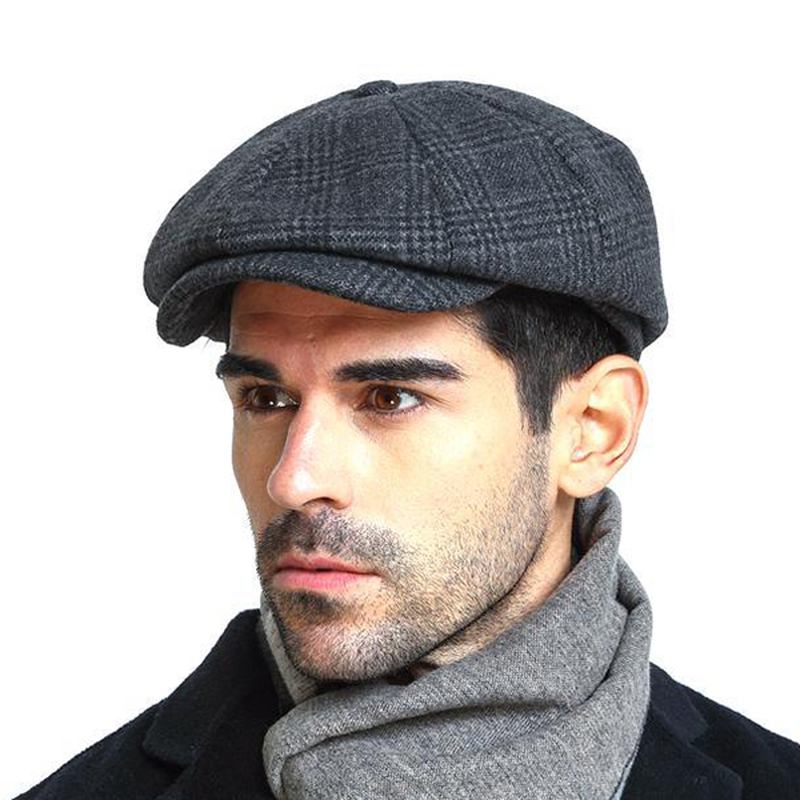 Män Vintage Ull Gjord Målare Basker Hat Vinter Varm Gentleman Octagonal Newsboy Cap