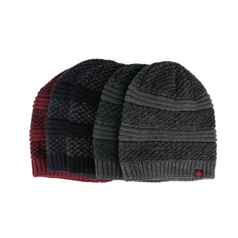 Solid Knitted Skullies Beanie Cap För Herr Plus Velvet Warm Outdoor Casual Hats