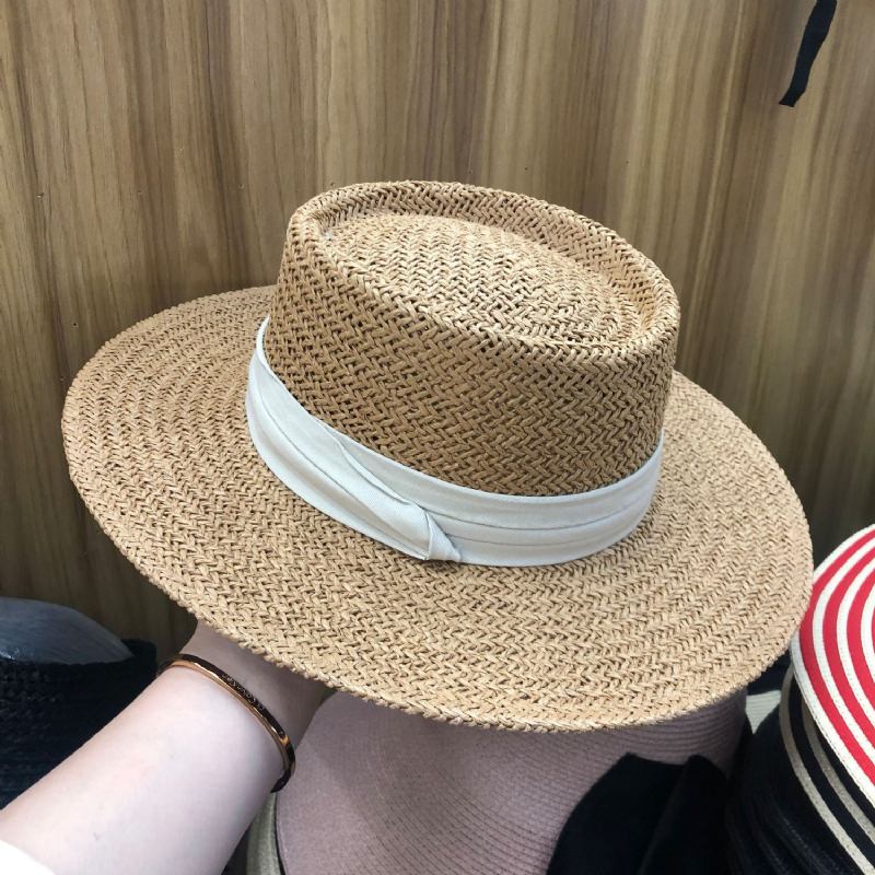 Sommarhatt Platt Stråhatt Kvinna Raffia Stråhatt Strandsemester Solskugga Solhatt Fiskarhatt Nät Röd