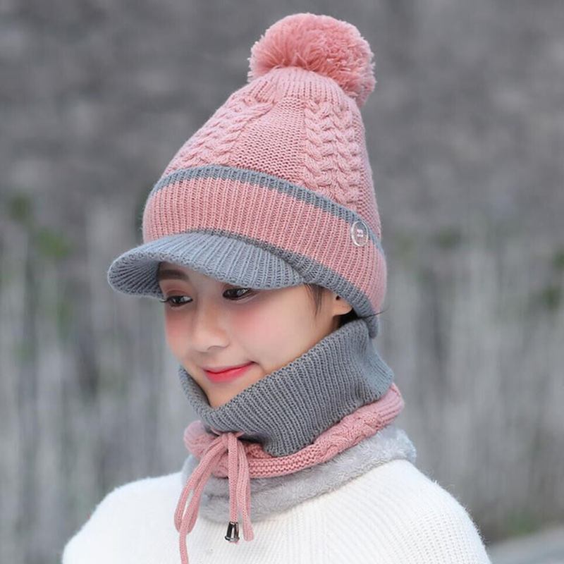 Ullkeps Och Halsduk Set Beanie Warm Winter Pom Wooly Cap