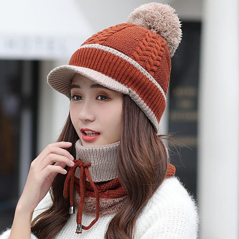 Ullkeps Och Halsduk Set Beanie Warm Winter Pom Wooly Cap