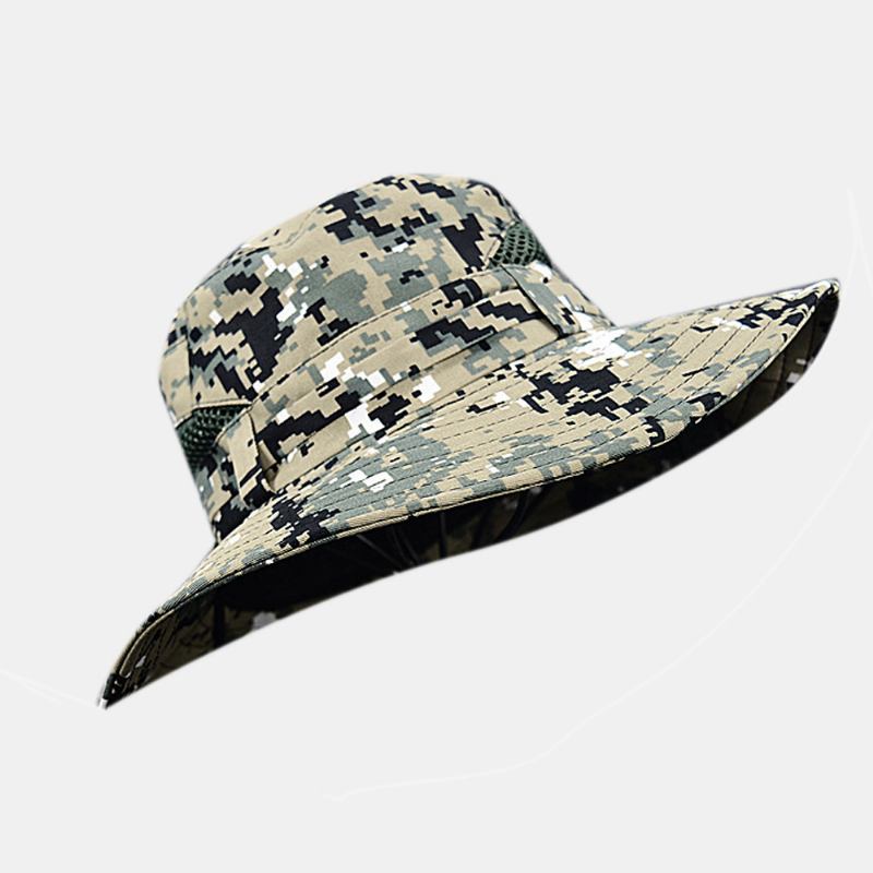 Unisex Bomull Kamouflage Sommar Utomhus Solskyddsbräda Brätte Skydd Ansikte Justerbar Solhatt Bucket Hat