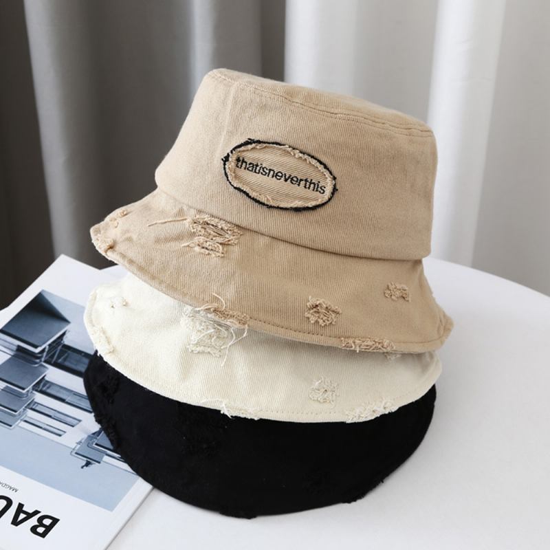 Unisex Bred Brätte Bred Brodery Bucket Hat Broken Hole Patch Sommarsolskydd Justerbar Hatt