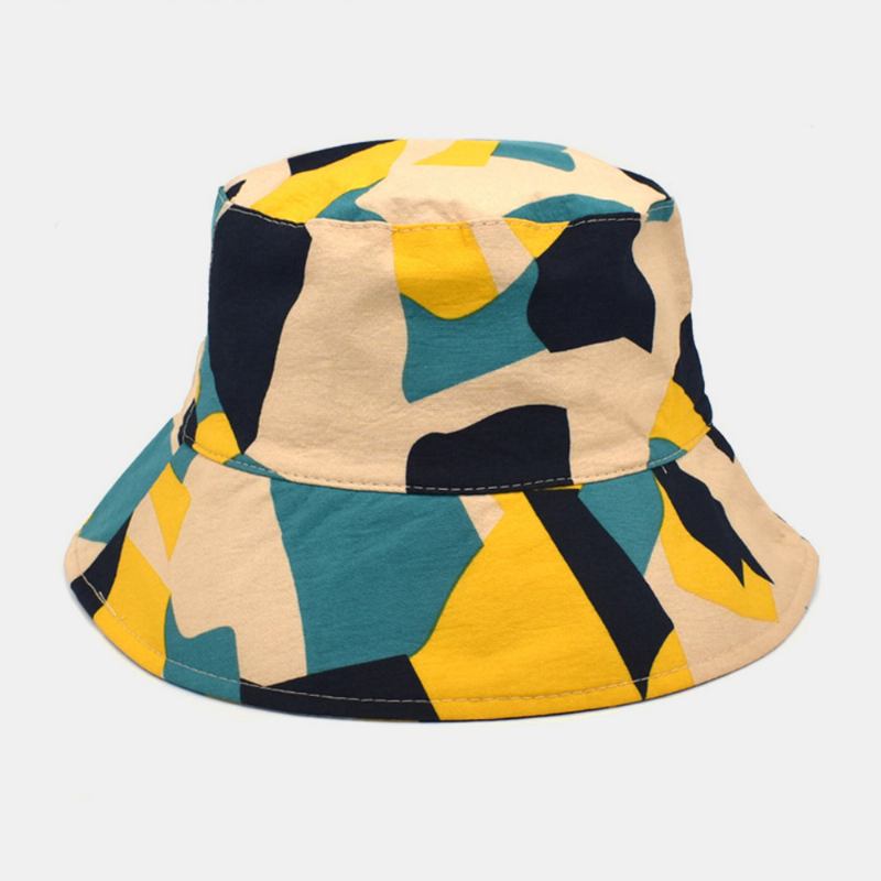 Unisex-färgad Bucket-hatt Bomullsfärgad Geometriskt Mönster Solskyddsmedel Packbar Utomhusresor Strandmössa