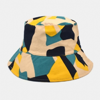 Unisex-färgad Bucket-hatt Bomullsfärgad Geometriskt Mönster Solskyddsmedel Packbar Utomhusresor Strandmössa