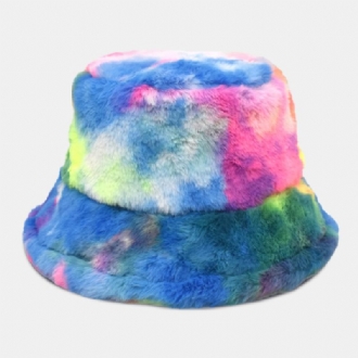 Unisex Fusk Kaninpäls Färgglad Gradient Tie-de Bucket Hat Vinter Tjock Värme Vindtät Mode Solskyddshatt