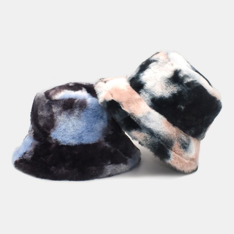 Unisex Fusk Kaninpäls Färgglad Gradient Tie-de Bucket Hat Vinter Tjock Värme Vindtät Mode Solskyddshatt