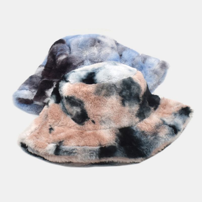 Unisex Fusk Kaninpäls Färgglad Gradient Tie-de Bucket Hat Vinter Tjock Värme Vindtät Mode Solskyddshatt