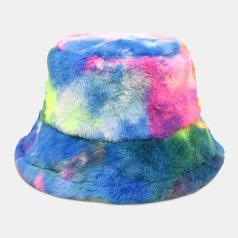 Unisex Fusk Kaninpäls Färgglad Gradient Tie-de Bucket Hat Vinter Tjock Värme Vindtät Mode Solskyddshatt