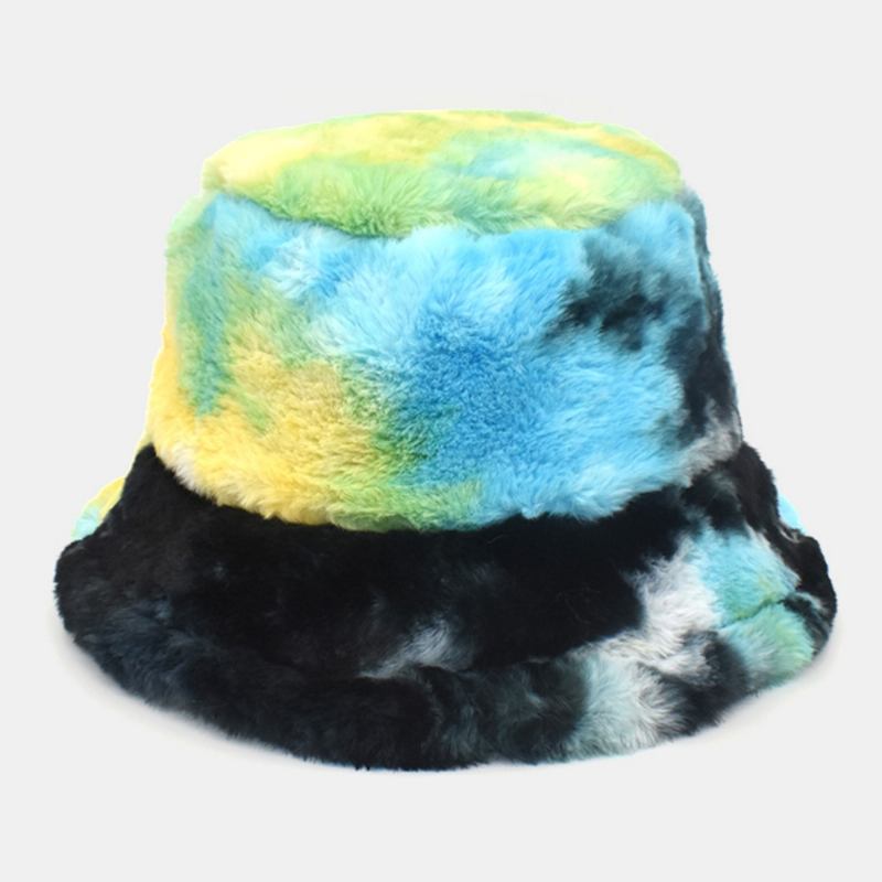 Unisex Fusk Kaninpäls Färgglad Gradient Tie-de Bucket Hat Vinter Tjock Värme Vindtät Mode Solskyddshatt