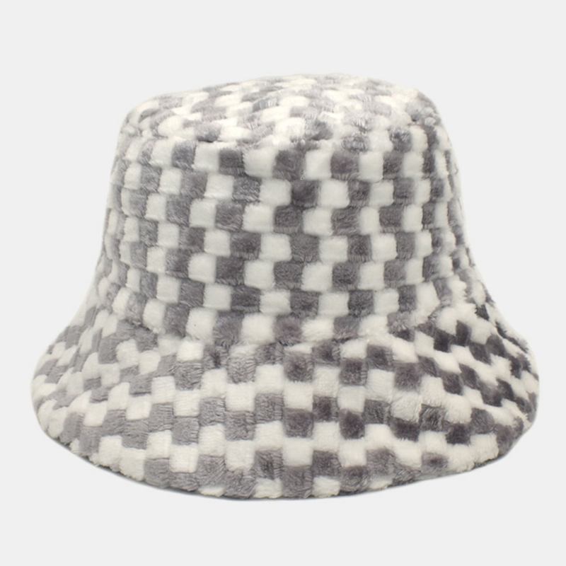 Unisex Gitter Jacquard Plysch Värme Bucket Hat Utomhus Casual Tjock Cool Skydd Fusk Kaninpälsmössa