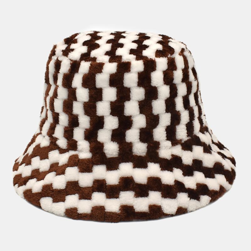 Unisex Gitter Jacquard Plysch Värme Bucket Hat Utomhus Casual Tjock Cool Skydd Fusk Kaninpälsmössa