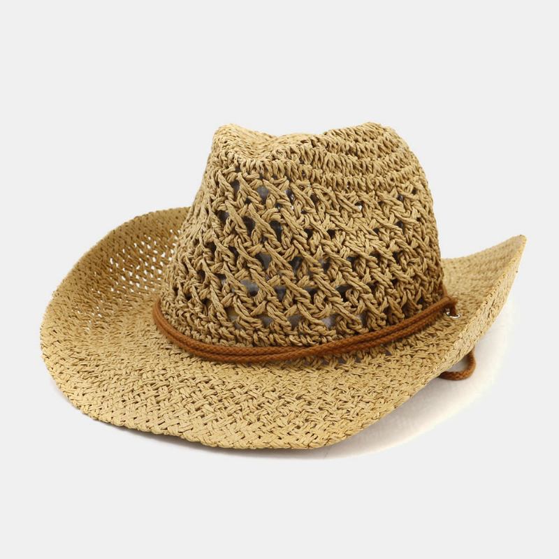 Unisex Handgjorda Solskyddsmedel Resor Strandsolhatt Cowboy Stil Panamahatt Halmhatt Med Justerbart Snöre