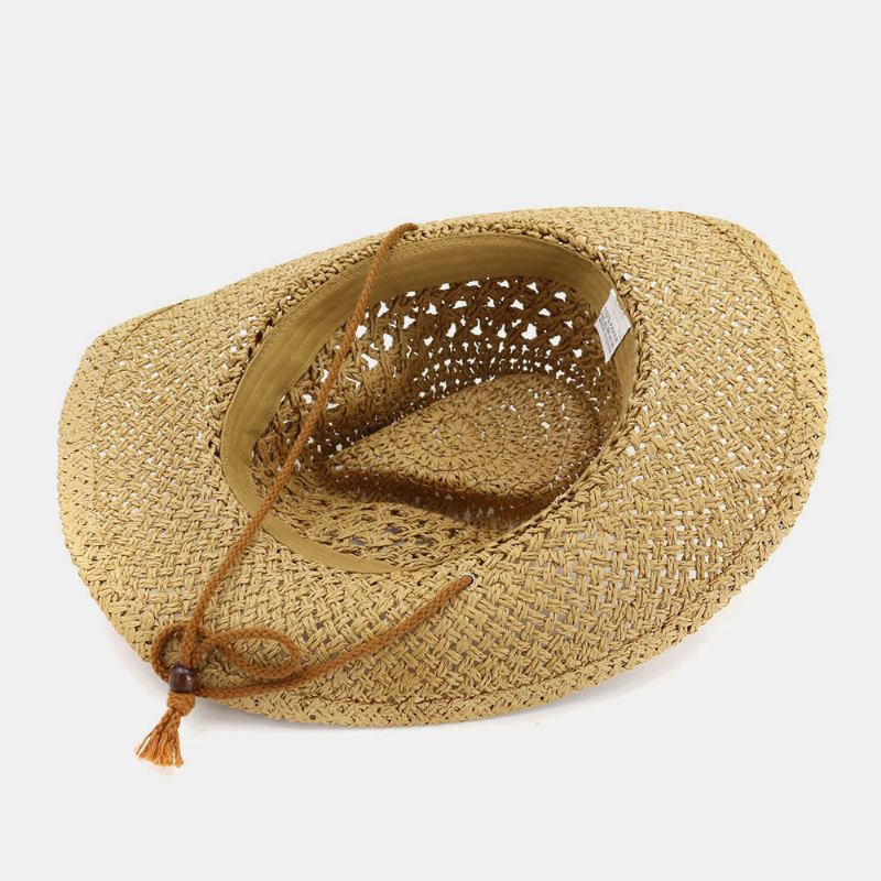 Unisex Handgjorda Solskyddsmedel Resor Strandsolhatt Cowboy Stil Panamahatt Halmhatt Med Justerbart Snöre