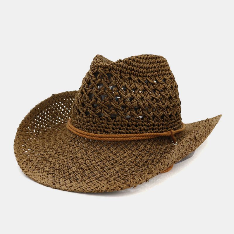 Unisex Handgjorda Solskyddsmedel Resor Strandsolhatt Cowboy Stil Panamahatt Halmhatt Med Justerbart Snöre