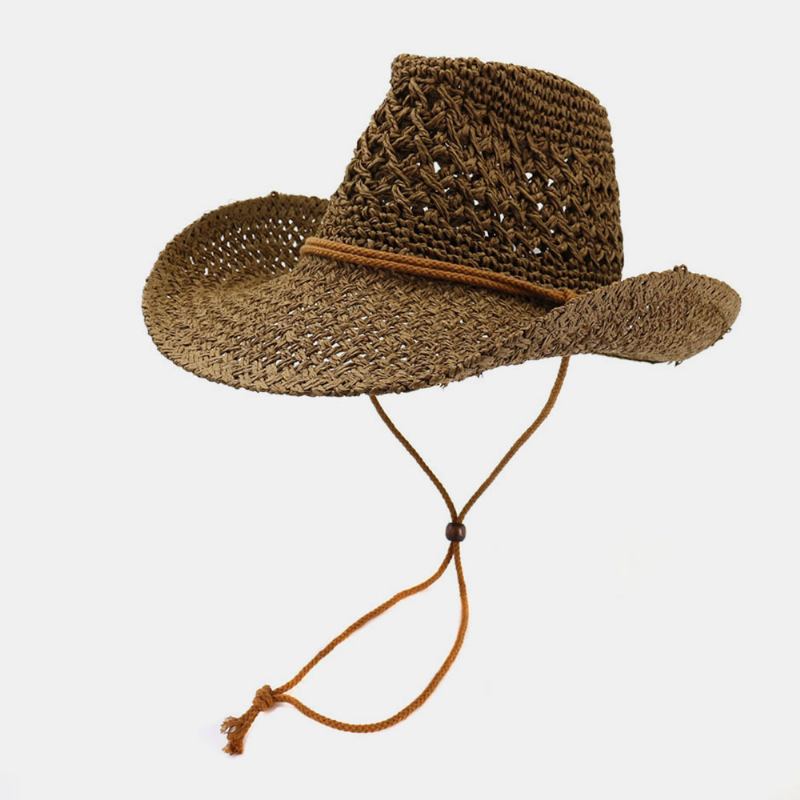 Unisex Handgjorda Solskyddsmedel Resor Strandsolhatt Cowboy Stil Panamahatt Halmhatt Med Justerbart Snöre