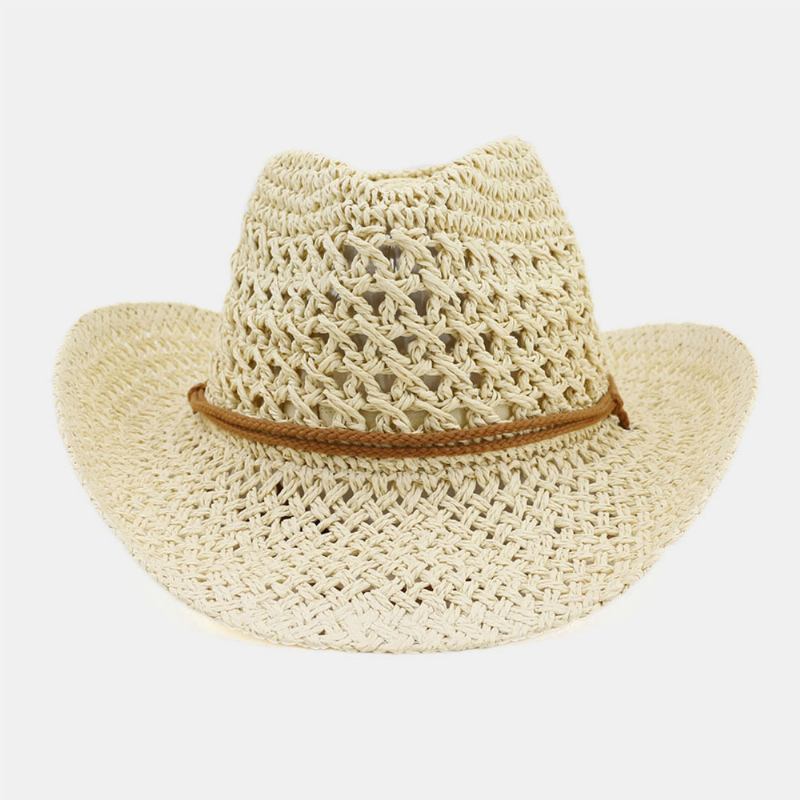 Unisex Handgjorda Solskyddsmedel Resor Strandsolhatt Cowboy Stil Panamahatt Halmhatt Med Justerbart Snöre