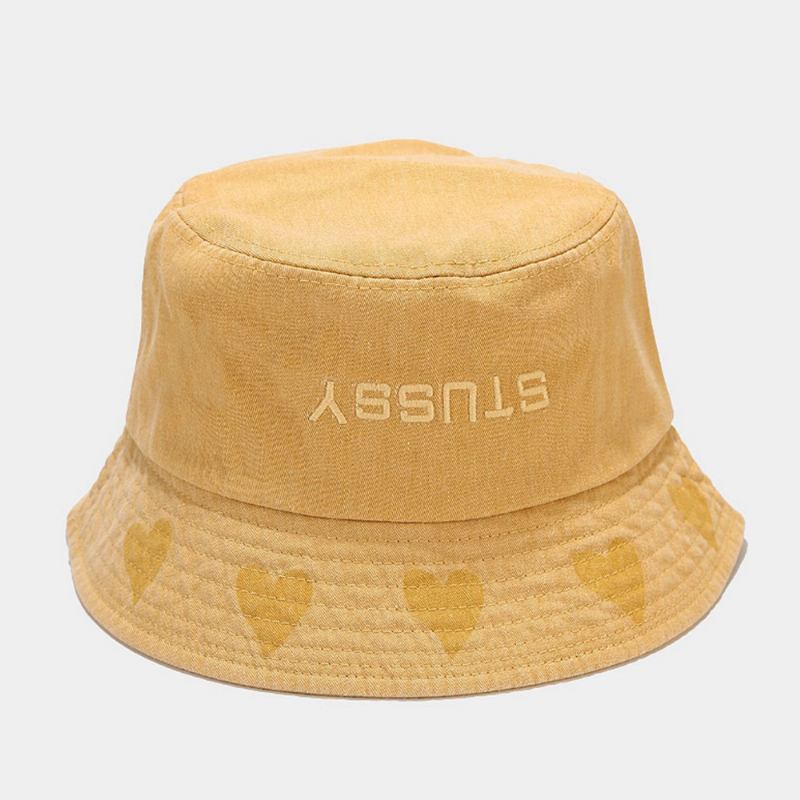 Unisex Kärleksmönster Bucket Hat Tvättad Made-gammal Brevbroderi Mode Solskyddshatt