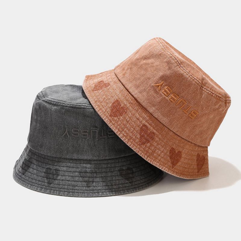 Unisex Kärleksmönster Bucket Hat Tvättad Made-gammal Brevbroderi Mode Solskyddshatt