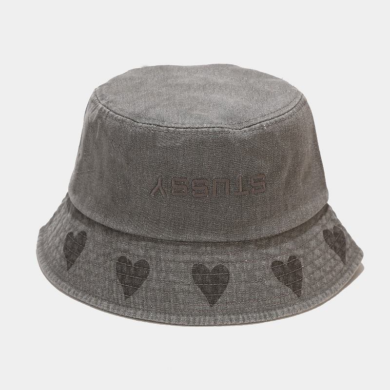 Unisex Kärleksmönster Bucket Hat Tvättad Made-gammal Brevbroderi Mode Solskyddshatt