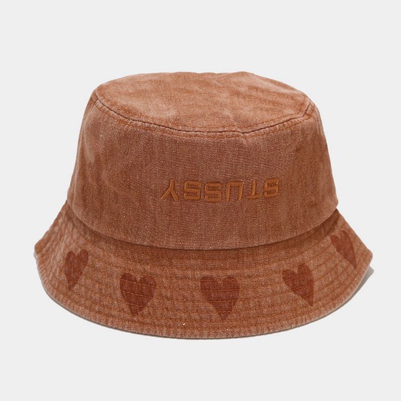 Unisex Kärleksmönster Bucket Hat Tvättad Made-gammal Brevbroderi Mode Solskyddshatt