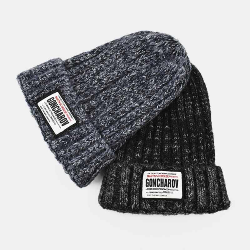 Unisex Mixed Färg Stickad Jacquard Letter Cloth Patch All-match Warmth Beanie Hat