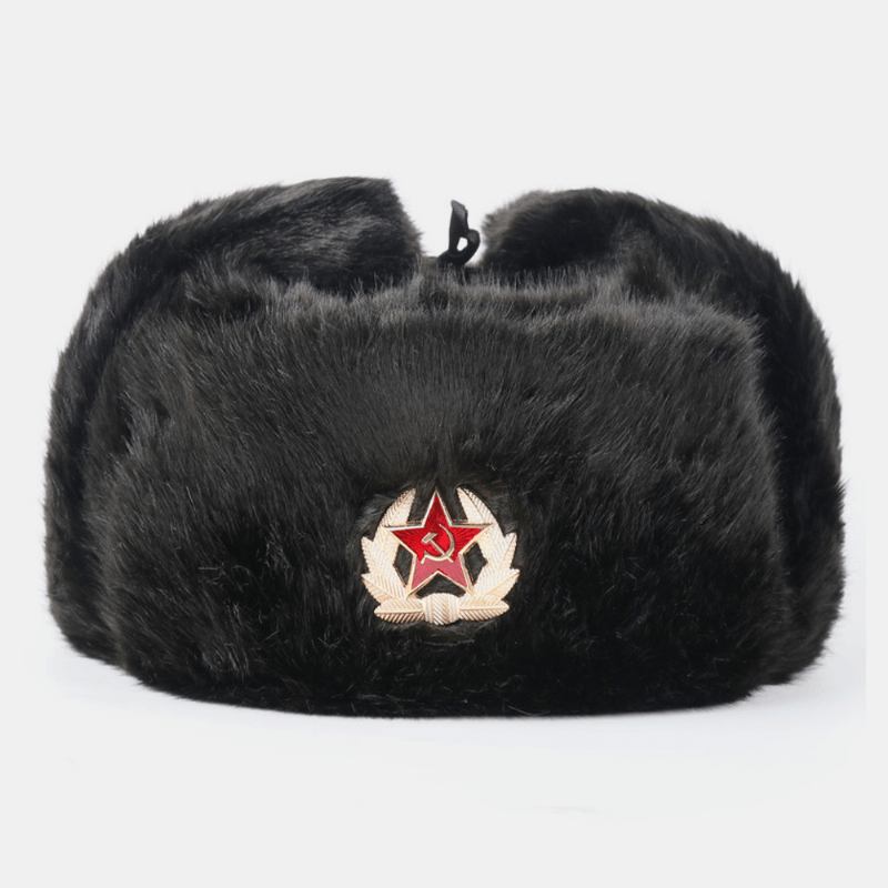 Unisex Plus Sammet Sovjetisk Märke Varm Vindtät Öronlappar Skydd Utomhus Trapper Hatt Ushanka Hatt