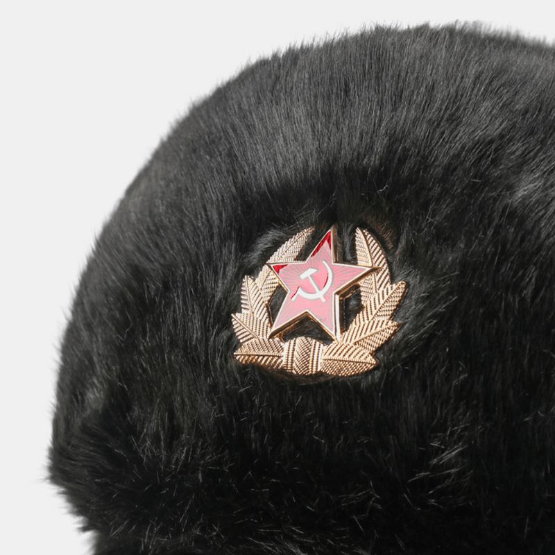 Unisex Plus Sammet Sovjetisk Märke Varm Vindtät Öronlappar Skydd Utomhus Trapper Hatt Ushanka Hatt