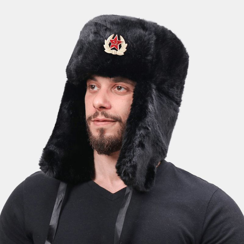 Unisex Plus Sammet Sovjetisk Märke Varm Vindtät Öronlappar Skydd Utomhus Trapper Hatt Ushanka Hatt