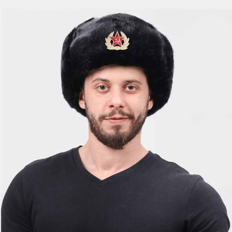 Unisex Plus Sammet Sovjetisk Märke Varm Vindtät Öronlappar Skydd Utomhus Trapper Hatt Ushanka Hatt