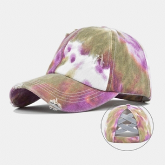 Unisexfärgad Tie-dye Hästsvans Baseballkeps Brutna Hål Stor Brätte Andningsbar Stretch Fit Cap