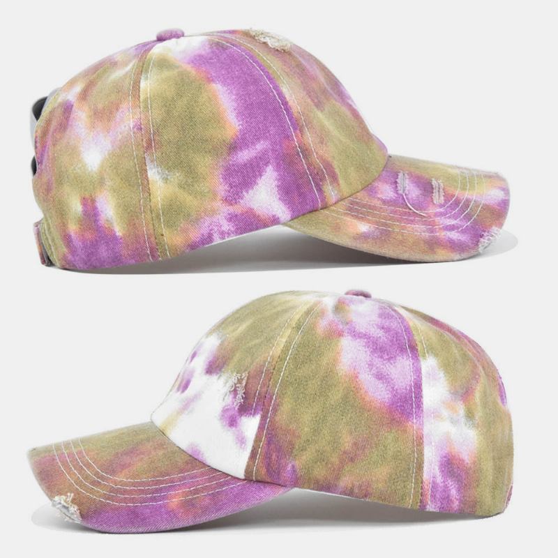 Unisexfärgad Tie-dye Hästsvans Baseballkeps Brutna Hål Stor Brätte Andningsbar Stretch Fit Cap