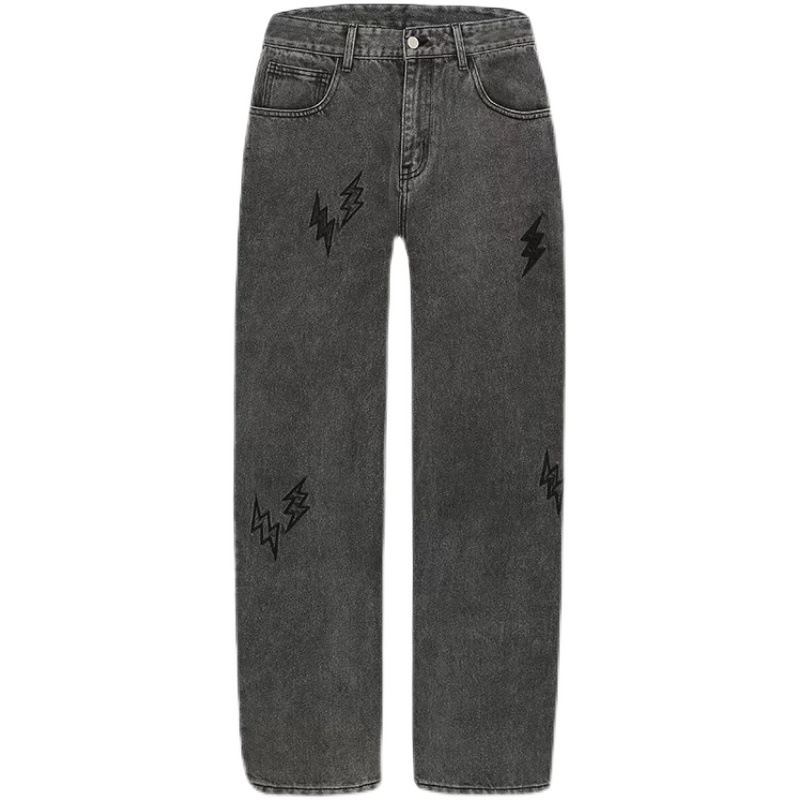 Blixtbroderade Raka Lösa Distressed Jeans För Män