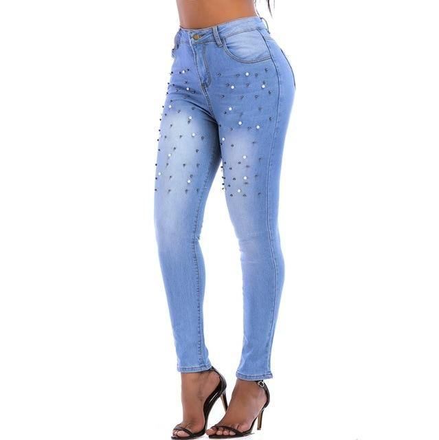 Dam Jeans Byxor Skinny Pearl Beaded Front Jeans Sommar Vår Medel Midja Dragkedja Lång Denim Casual Byxor