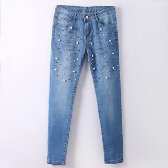 Denim Kvinnor Skinny Jeans Med Pärlor Byxor Slim Pearl Jeans Kvinna 2018 Mid Waist Pencil Jean För Dam