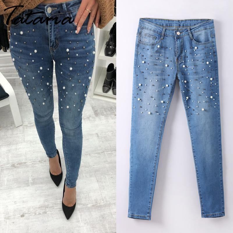 Denim Kvinnor Skinny Jeans Med Pärlor Byxor Slim Pearl Jeans Kvinna 2018 Mid Waist Pencil Jean För Dam