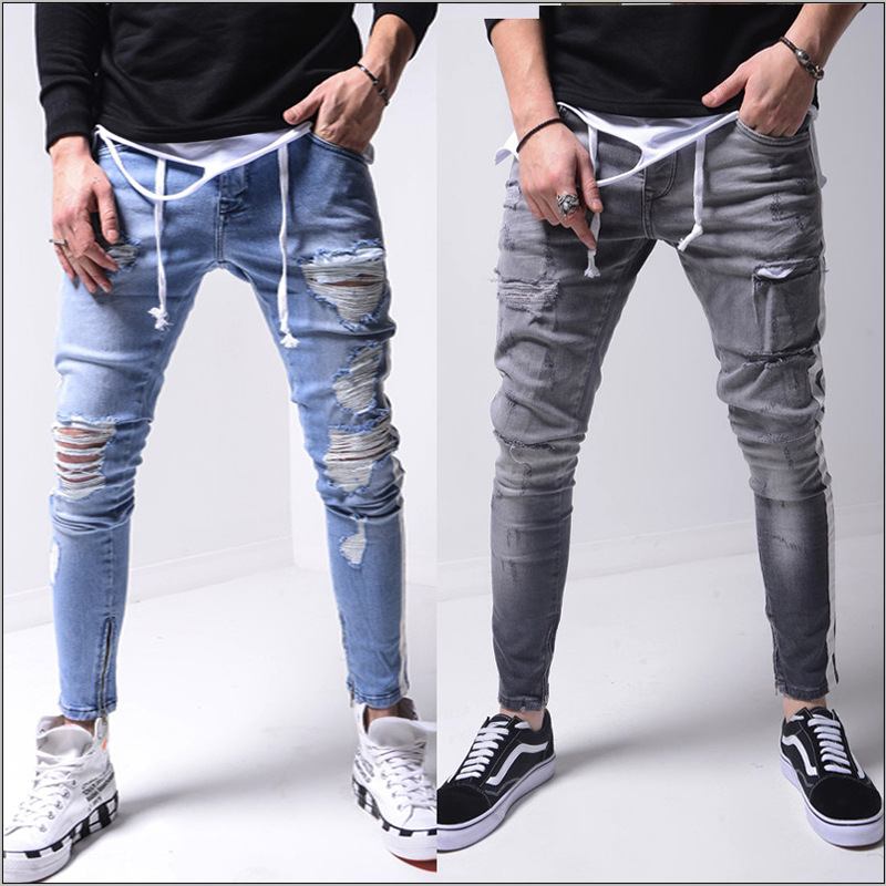 Denim Ripped Slim Fit Street Pants För Män