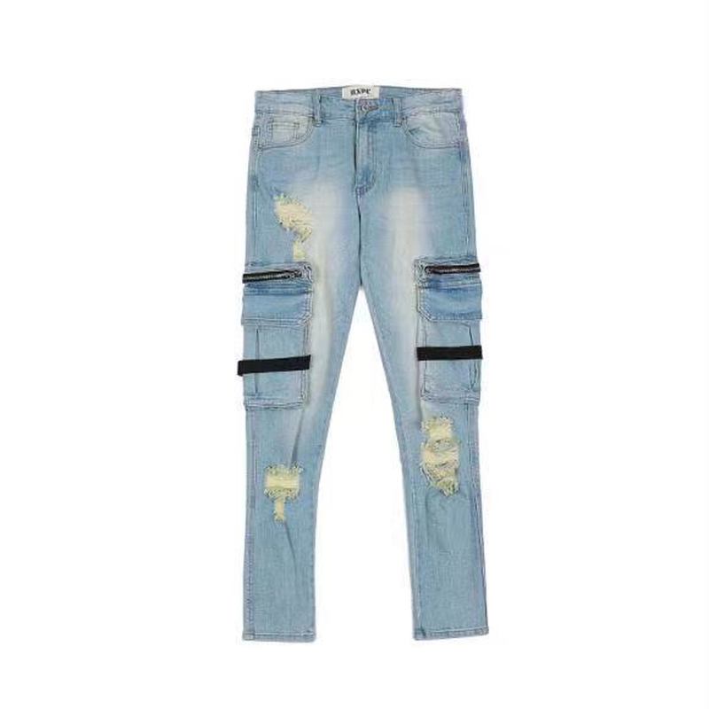 Förstörda Dragkedjor Tvättade Distressed Jeans