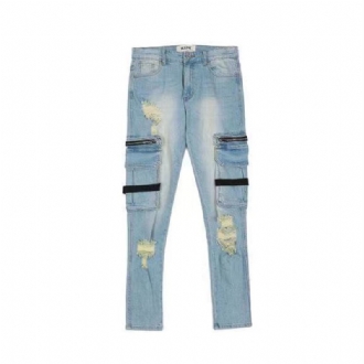 Förstörda Dragkedjor Tvättade Distressed Jeans