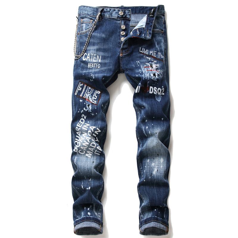 Herr Jeans Famous D2 Herr Slim Jeans Byxor Herr Jeansbyxor Dragkedja Blue Hole Pencil Byxor