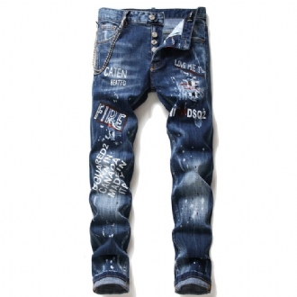 Herr Jeans Famous D2 Herr Slim Jeans Byxor Herr Jeansbyxor Dragkedja Blue Hole Pencil Byxor