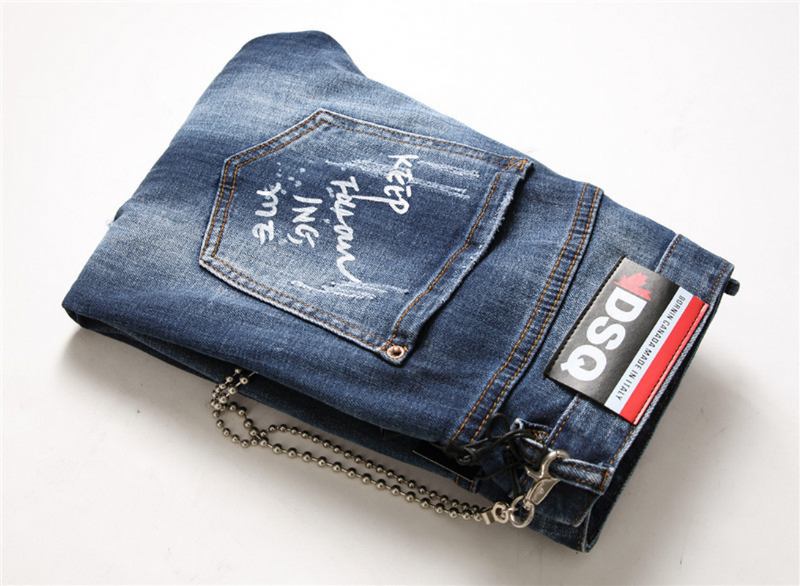 Herr Jeans Famous D2 Herr Slim Jeans Byxor Herr Jeansbyxor Dragkedja Blue Hole Pencil Byxor