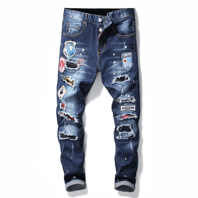 Herr Jeans Famous D2 Herr Slim Jeans Byxor Herr Jeansbyxor Dragkedja Blue Hole Pencil Byxor