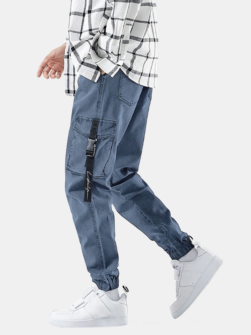 Herr Multi-pocket Casual Elastiska Manschetter Dragsko Beam Feet Byxor Jeans