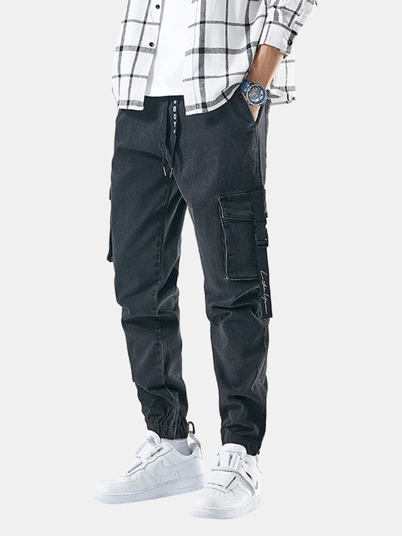 Herr Multi-pocket Casual Elastiska Manschetter Dragsko Beam Feet Byxor Jeans