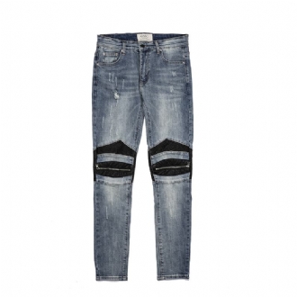 High Street Style Läder Patch Dragkedja Motorcykel Små Fötter Slim Stretch Jeans