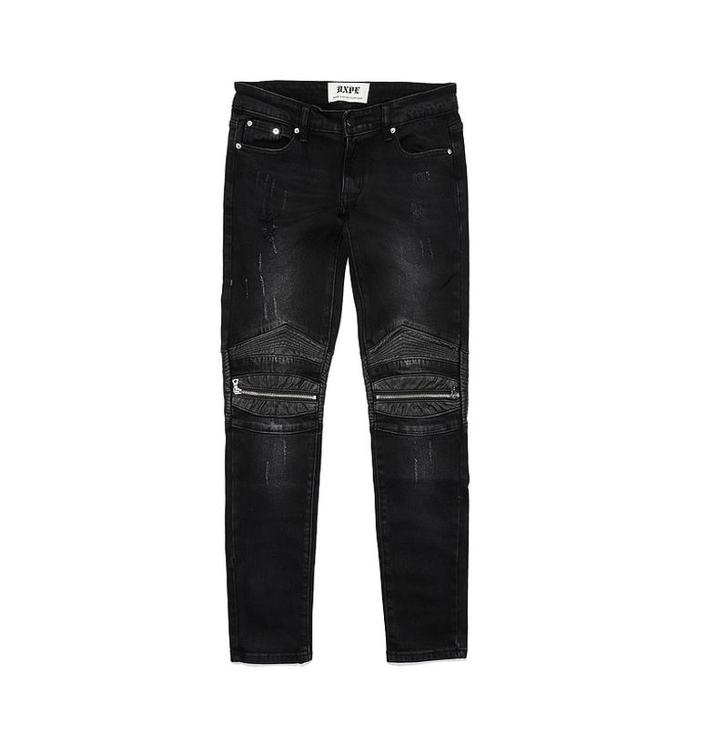 High Street Style Läder Patch Dragkedja Motorcykel Små Fötter Slim Stretch Jeans