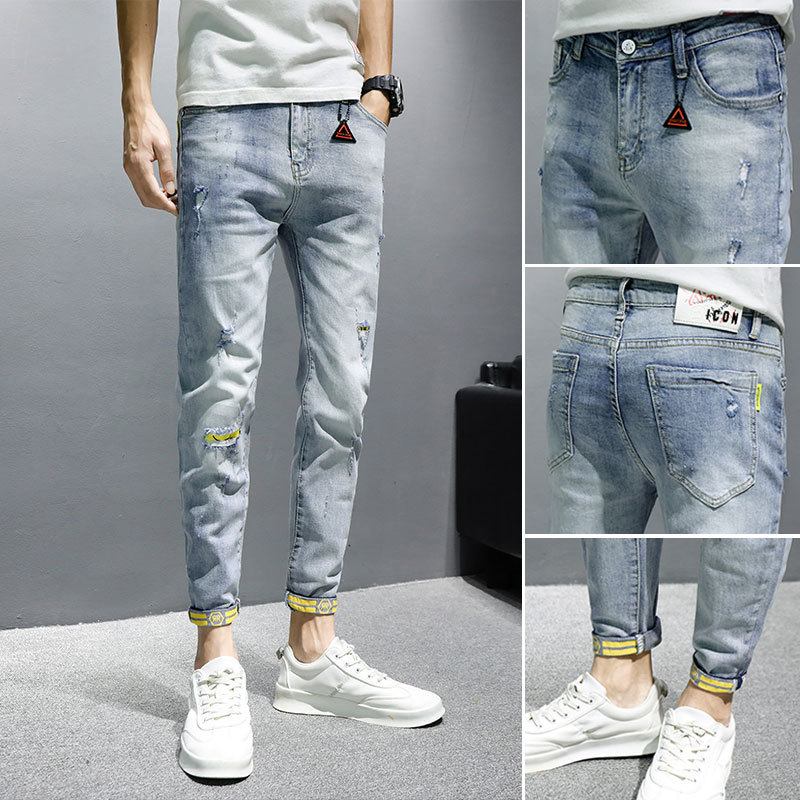 Jeans Herr Trendigt Märke Vår Och Höst Nya Slimma Casual Byxor Med Nio Punkt Herrbyxor